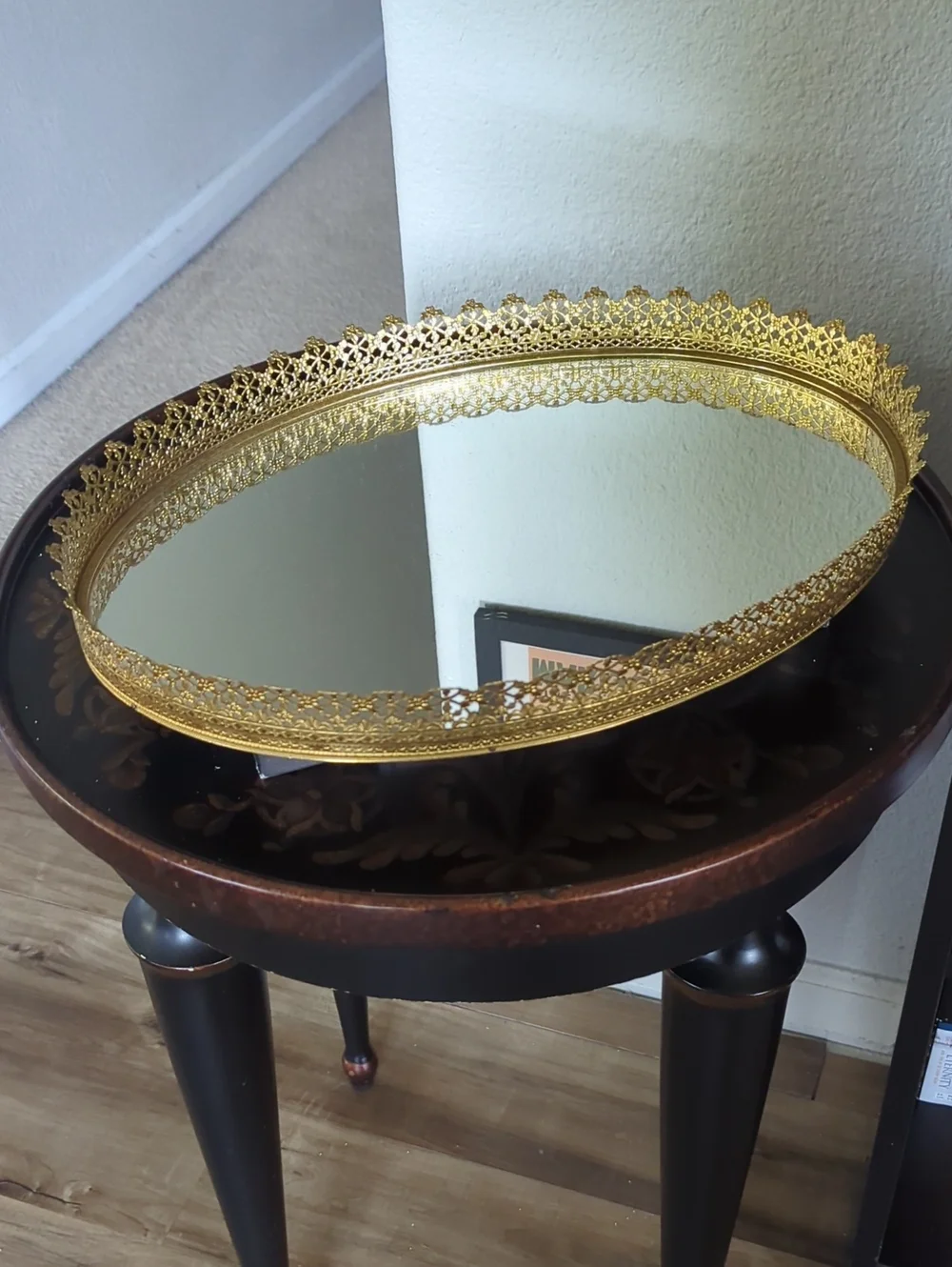 Vintage Ornate Gold Filigree Oval Mirror Vanity Tray
